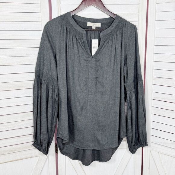Loft V Neck Pop Over Boho Peasant Blouse Long Sleeve Denim Gray Small - Picture 7 of 12